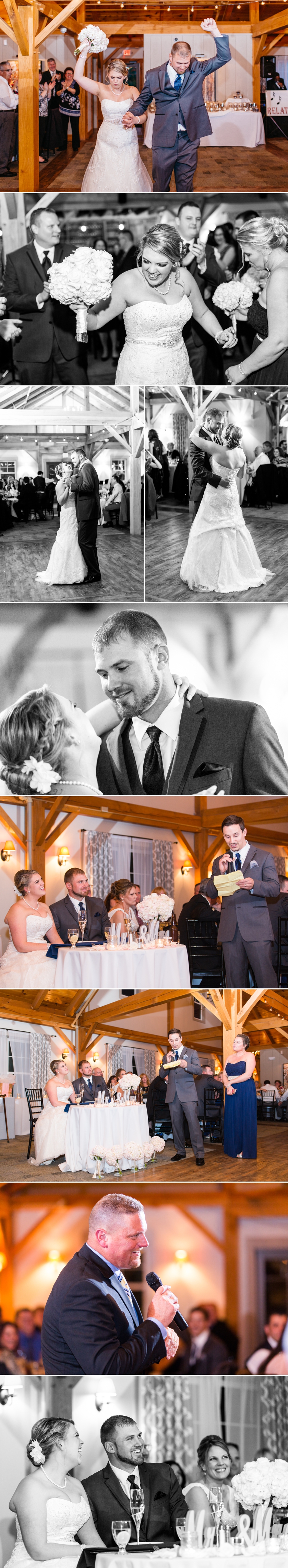 photo collage of first dance and speeches at nichole and george's classic wedding at the wight barn in sturbridge massachusetts