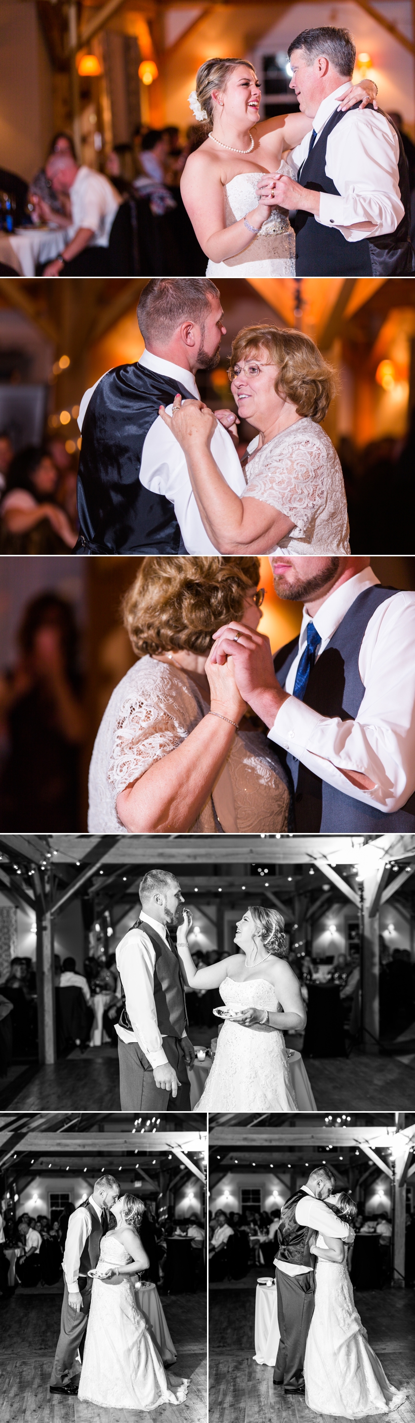 photo collage of parent dances at nichole and george's classic wedding at the wight barn in sturbridge massachusetts