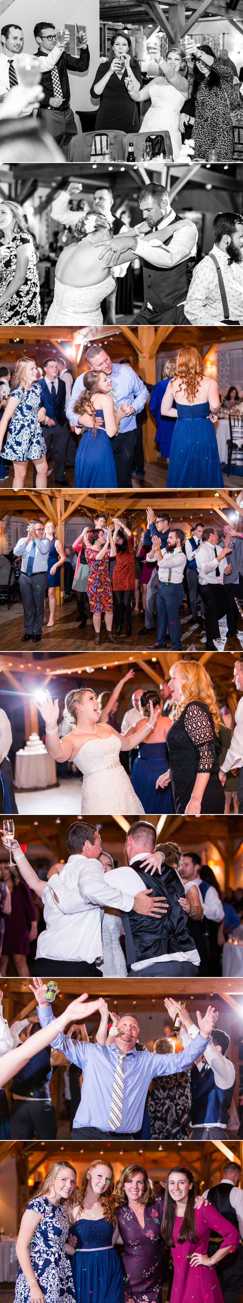 photo collage of dancing at nichole and george's classic wedding at the wight barn in sturbridge massachusetts