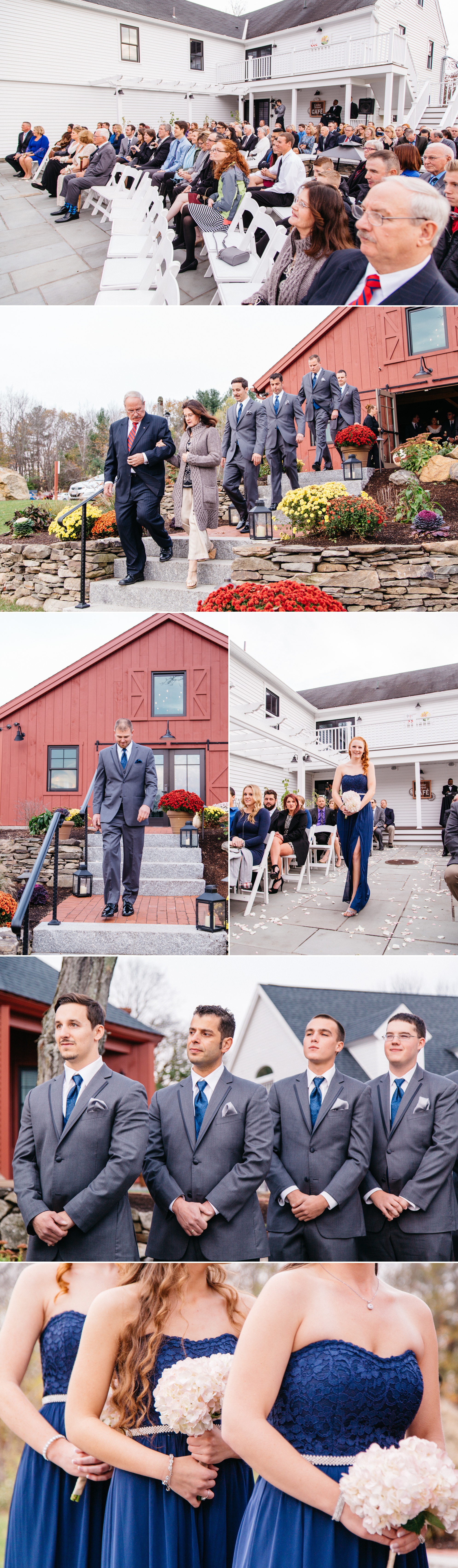 photo collage of ceremony at nichole and george's classic wedding at the wight barn in sturbridge massachusetts