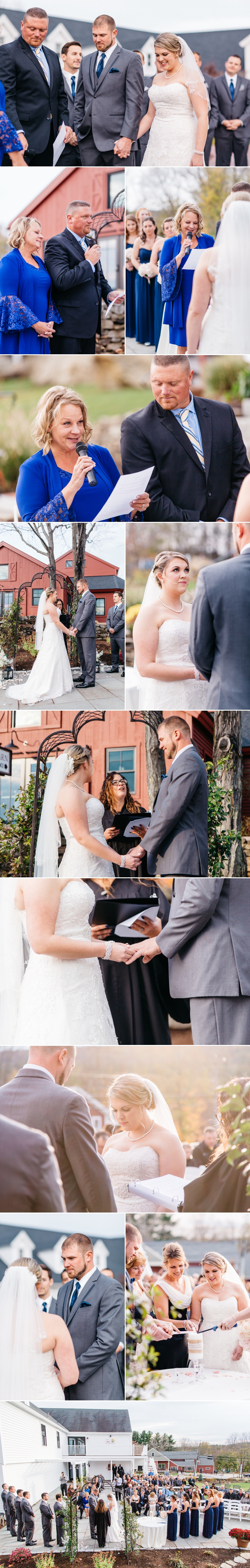 photo collage of ceremony at nichole and george's classic wedding at the wight barn in sturbridge massachusetts