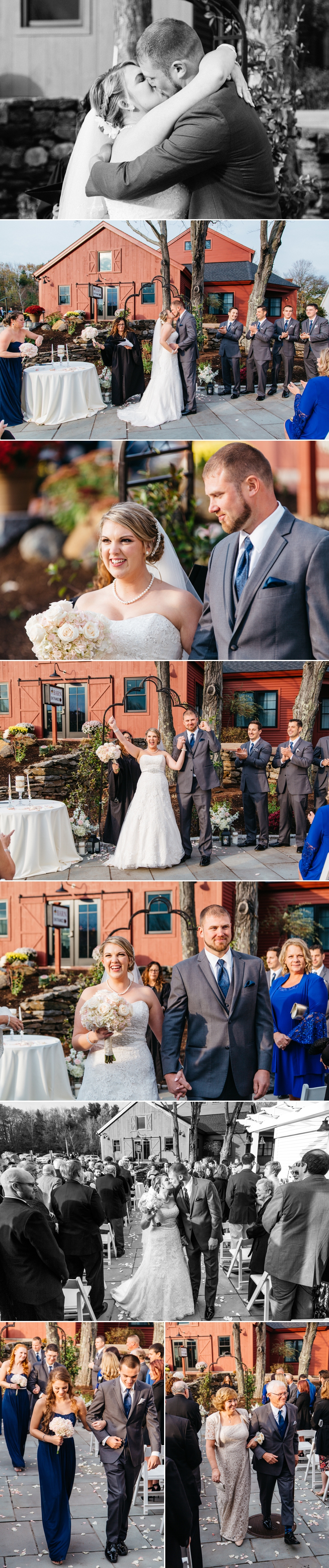 photo collage of end of ceremony at nichole and george's classic wedding at the wight barn in sturbridge massachusetts