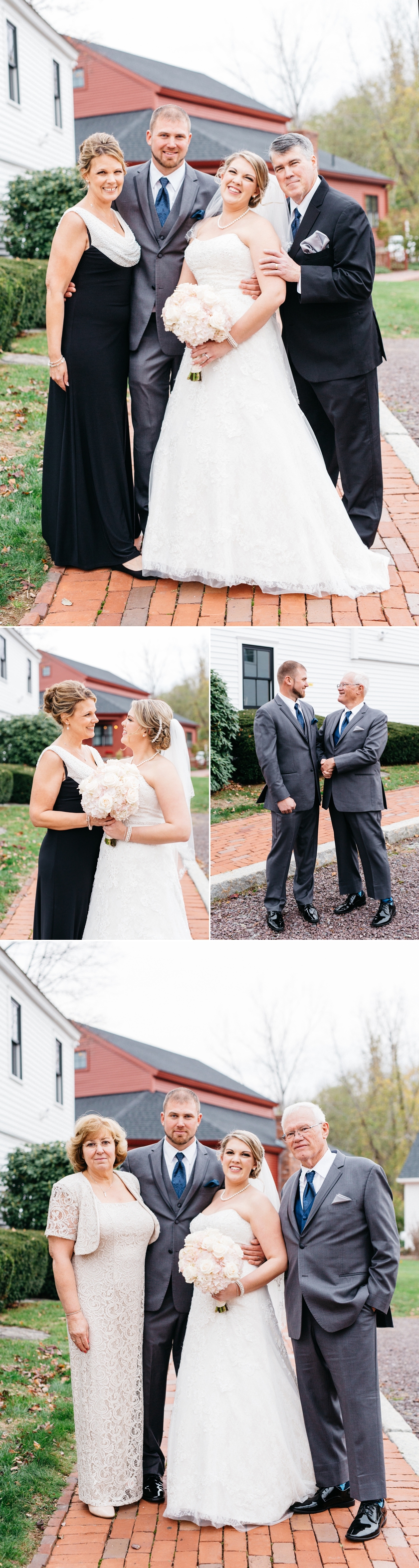 photo collage of family formals at nichole and george's classic wedding at the wight barn in sturbridge massachusetts